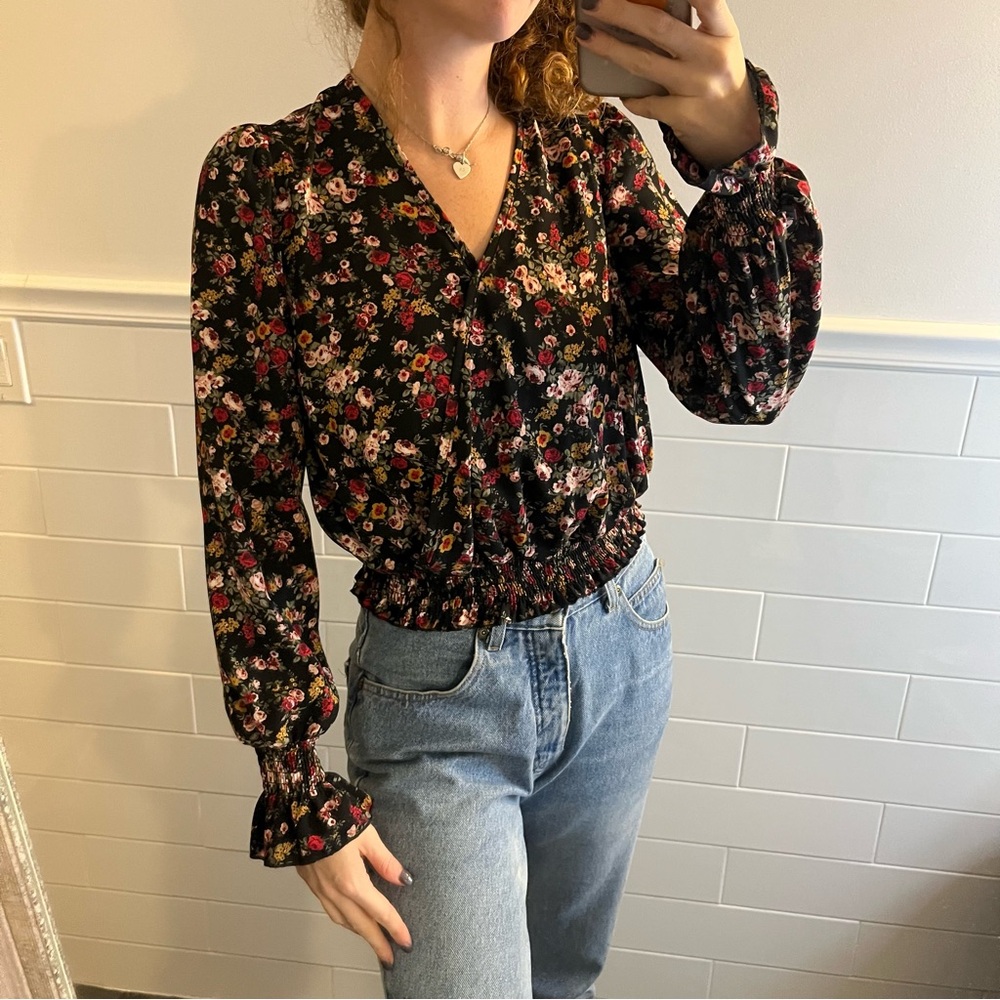 Black Floral Print Sheer Long Sleeve Blouse